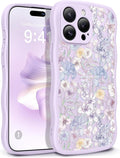 GVIEWIN for iPhone 15 Pro Max Case Compatible with MagSafe [Curly Wave Edge][Full Camera Protection]Floral Translucent Shockproof Magnetic Women Phone Case for 15 Pro Max 6.7'', Apricot Blossom/Purple