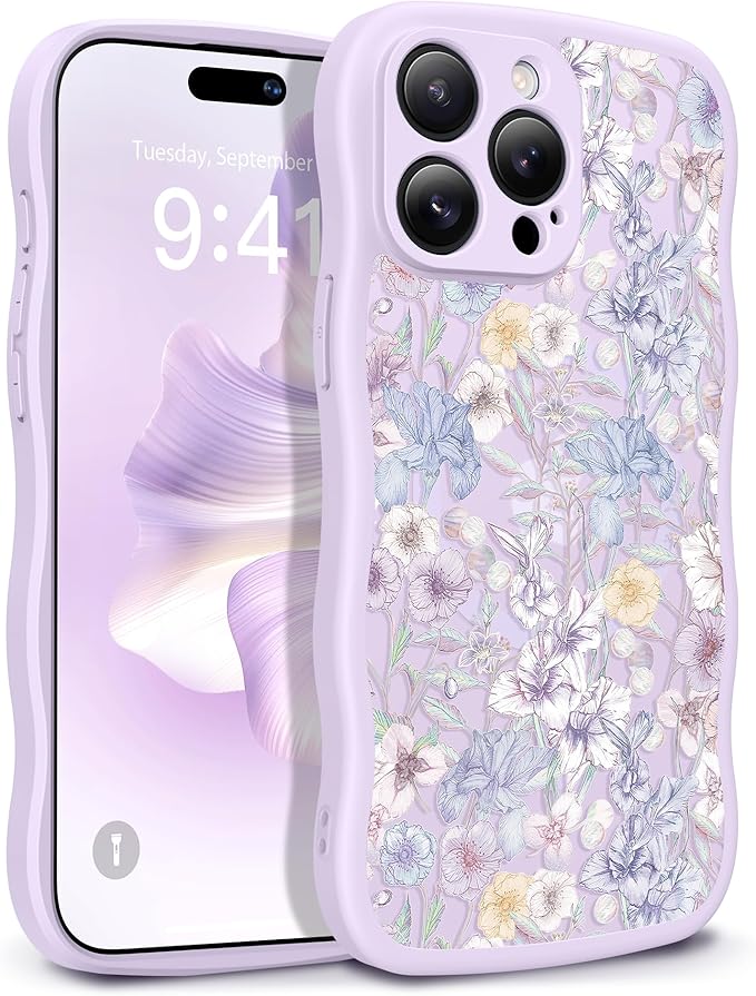 GVIEWIN for iPhone 15 Pro Case Compatible with MagSafe [Curly Wave Edge][Full Camera Protection] Floral Translucent Shockproof Magnetic Women Phone Case for iPhone 15 Pro 6.1'', Apricot Blossom/Purple