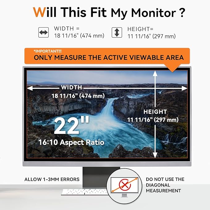 [2-Pack] 22 Inch Computer Blue Light Blocking Screen Protector for 16:10 Widescreen Monitor, Anti Glare Anti-UV Eye Protection Desktop PC LED Monitor Filter, Removable Anti-Scratch Screen Film 22in