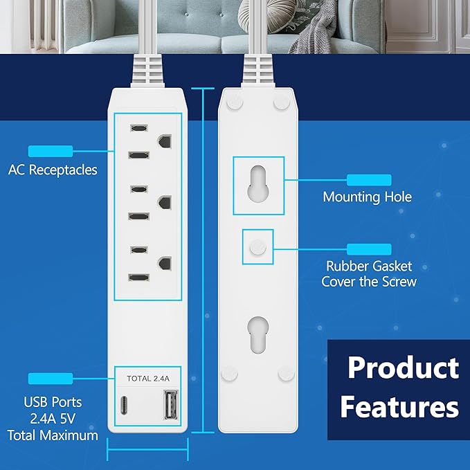 LIDER Outlet Extender with 3 Receptacles, 12W USB Type-A, and USB Type-C, USB Port, Ultra-Thin Wall Plate Plug with Cord Extender, 3-Outlet Power Strip, Flat-Face, ETL-Listed, 3ft Cord, White, 2 Pack
