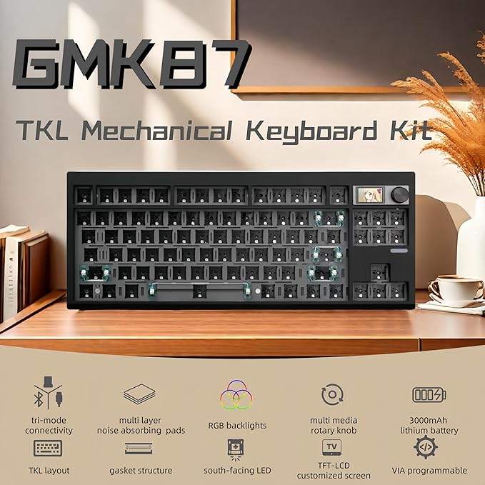 GMK87 TKL Mechanical Keyboard Kit Tri-Mode for 3/5pin Switches,85 Keys+Rotary Knob+TFT-LCD Screen Hotswap PCB Gasket Mounted,VIA Programmable DIY Keyboard Kit (Black)