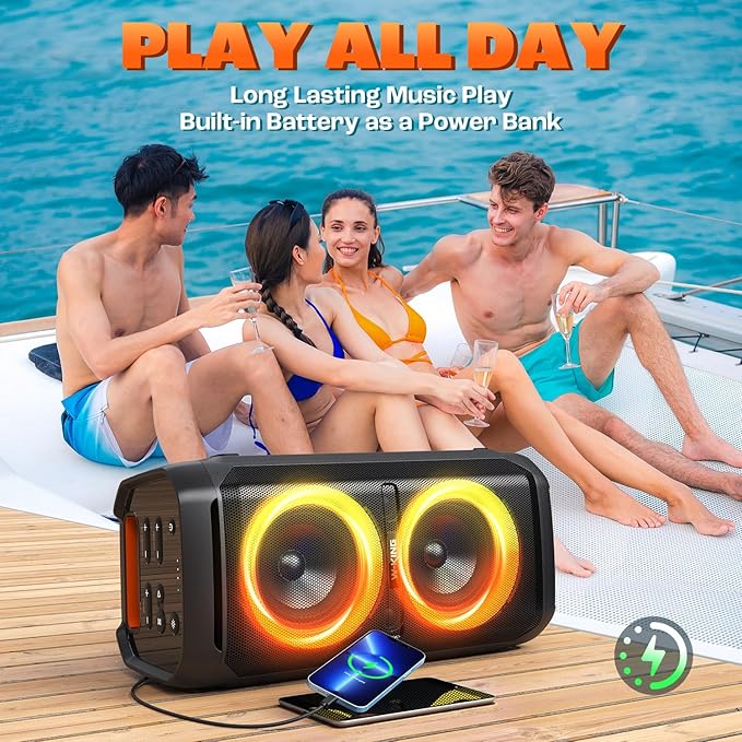 W-KING Portable Bluetooth Speaker 240W, Loud Boom Box with Deep Bass Subwoofers, IPX6 Waterproof Party Outdoor Speaker, Speakers Bluetooth Wireless, RGB Lights, 24H, Mic&Guitar Input, Echo, EQ, AUX