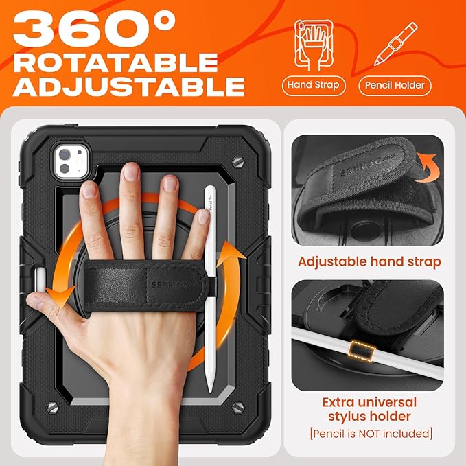 SEYMAC stock Case for iPad Pro 11-inch M5-M4 2025-2024, Shockproof Heavy Duty Case with Screen Protector, Pencil Holder, Rotating Stand, Hand Strap, Shoulder Strap, Black