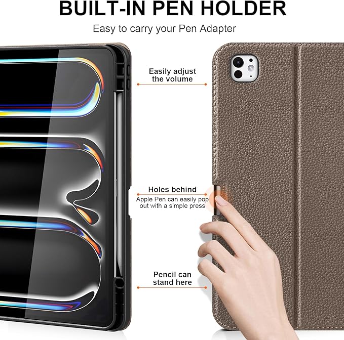 for iPad Pro 13 inch Case (M4) 2024 Release, Premium Leather Folio Cover with Auto Wake/Sleep, Apple Pencil Holder, Multi-Angle Stand & Secure Buckle Closure - Gray Brown