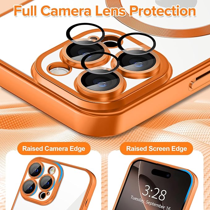 Hython Magnetic Clear for iPhone 16 Pro Max Case with Camera Lens Protector [Compatible with MagSafe] Plating Edge Slim Soft TPU Cover Protective Phone Case for iPhone 16 Pro Max 6.9", Matte Orange