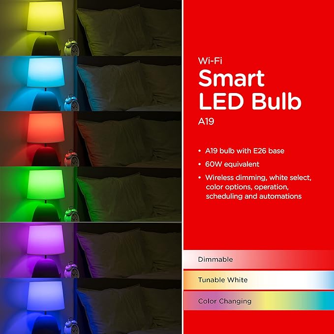 UltraPro Wi-Fi LED Smart Light Bulb, A19, 60W Equivalent, RGB, Color Changing, White Select Tunable 2700K - 6500K, Dimmable, 2.4GHz Router Required, Circadian Rhythm, Easy-to-Use App, 2 Pack, 51449