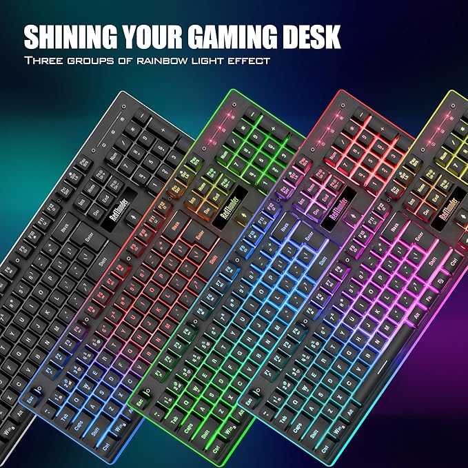 RedThunder K10 Wireless Gaming Keyboard and Mouse Combo, LED Backlit Rechargeable 3800mAh Battery, Mechanical Feel Anti-ghosting Keyboard + 7D 3200DPI Mice for PC Gamer (Black)