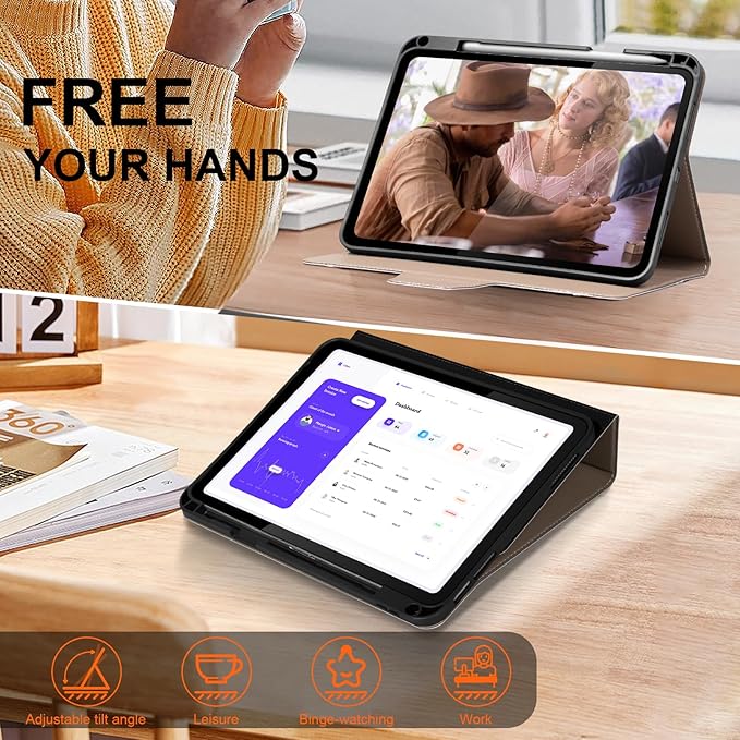 Leather Case for iPad Air 11" M2/M3/M4 (2024-2026) & 10.9" 4th/5th Gen (2020/2022) with Pencil Holder, Auto Wake/Sleep, Adjustable Stand & Magnetic Buckle Closure, Black