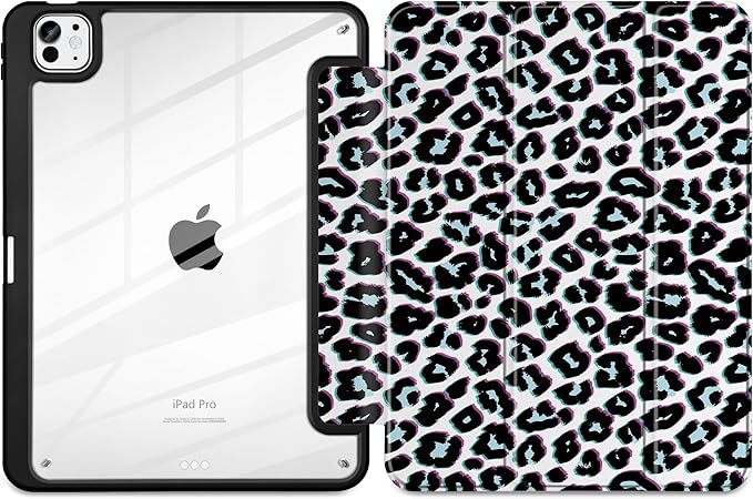 TWOLSKOO Case for iPad Pro 11-inch (M5 2025 / M4 2024), Clear Acrylic Back with TPU Bumper, Pencil Holder, Trifold Stand, Auto Sleep/Wake, Black Leopard