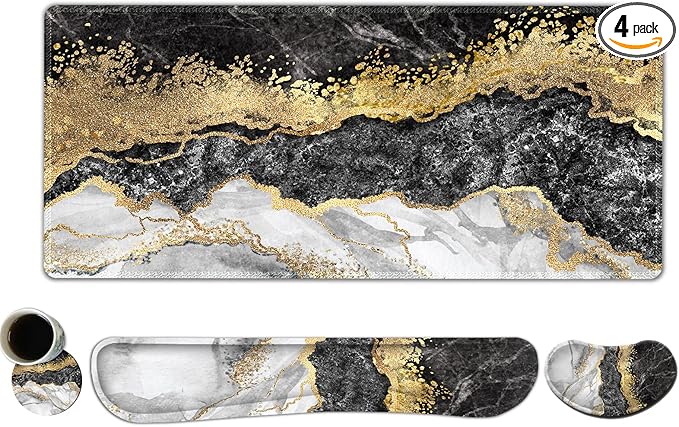 DINKY Keyboard Mouse Pad Set, Large Gaming Mousepad + Memory Foam Ergonomic Keyboard Wrist Rest Support, Easy Typing Pain Relief, 4Pcs (35.4" x 15.8") Extended Desk Mat -Black Gold Marble