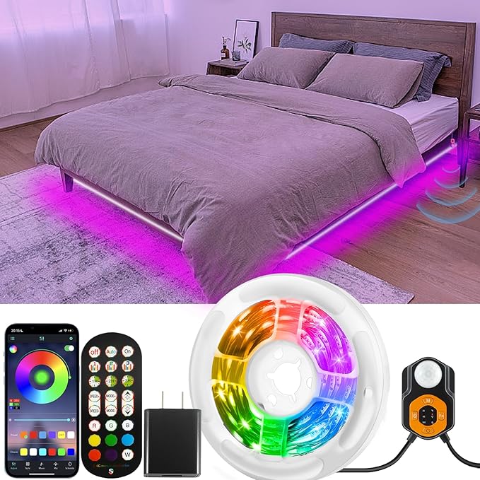Motion Sensor LED Light Strip 19.68ft Under Bed Lights, RGB 3 Mode Motion Activated Bed Light with Music Sync and Timer, Dimmable Color Changing LED Lights Mother Day Gift