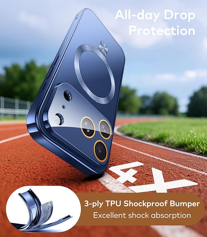 TOBOVON Magnetic for iPhone 17 Pro Max Case with Ring Stand, Fits MagSafe, with Built-in Camera Lens Protector, Slim Electroplated Shockproof Phone Cover, Blue