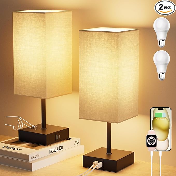 Touch Bedside Lamp for Bedroom Set of 2, 3 Way Dimmable Table Lamp with USB C+A Charging Ports, Small Nightand Lamps for Bedroom Decor, Living Room, Home, LED Bulbs Included, Upgraded Beige