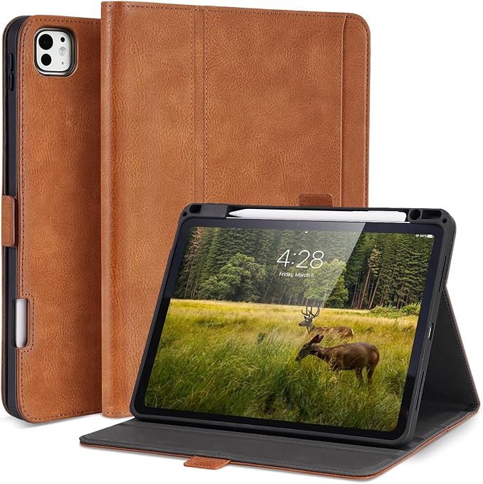 Handmade Case for iPad Pro 13 Inch (M5/M4) 2025/2024 with Pencil Holder Pocket, Magnetic Closure, Auto Sleep/Wake, Vegan Leather Folio Protective Cover, Multi Angles Stand, Brown