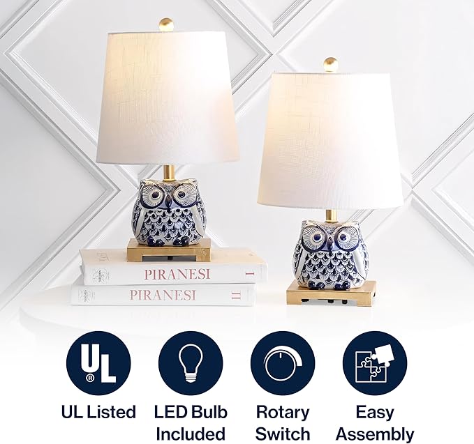 JONATHAN Y 16" Blue/White Ceramic Owl Mini Table Lamp for Bedroom or Office, Modern Farmhouse Nightstand Lamp with White Linen Shade, LED Bulb Included (JYL3014A-SET2)