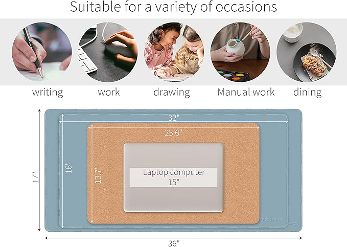 RENMTURE Dual-Sided Mouse Pad, Natural Cork & PU Leather Large Desk Pad for Office and Home Work, Desk Protector Non-Slip, Waterproof, Easy Clean (Blue Gray, 23.6" x 13.7")