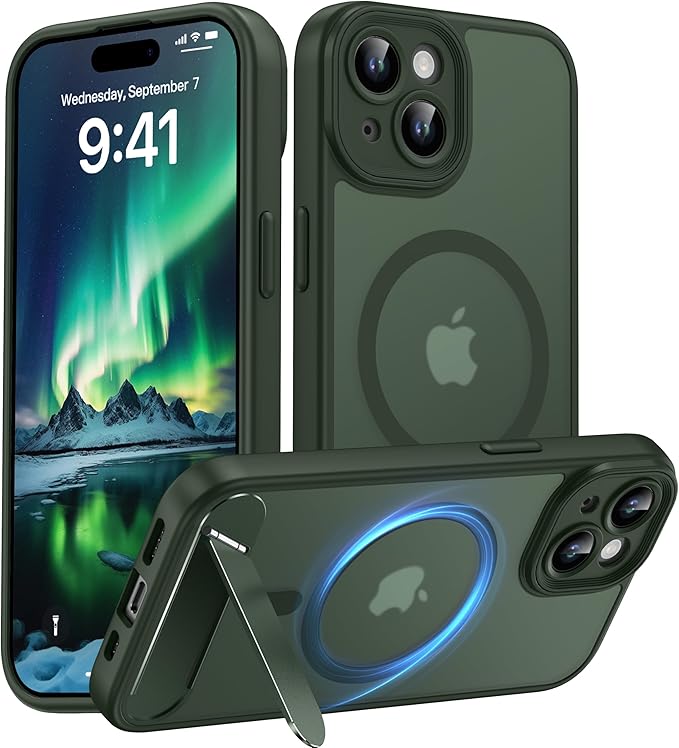 Magnetic Compatible with iPhone 15 Case, [Built-in Invisible Kickstand][Compatible with MagSafe][Full Camera Protection] Translucent Matte Phone Case for iPhone 15 6.1" Dark Green