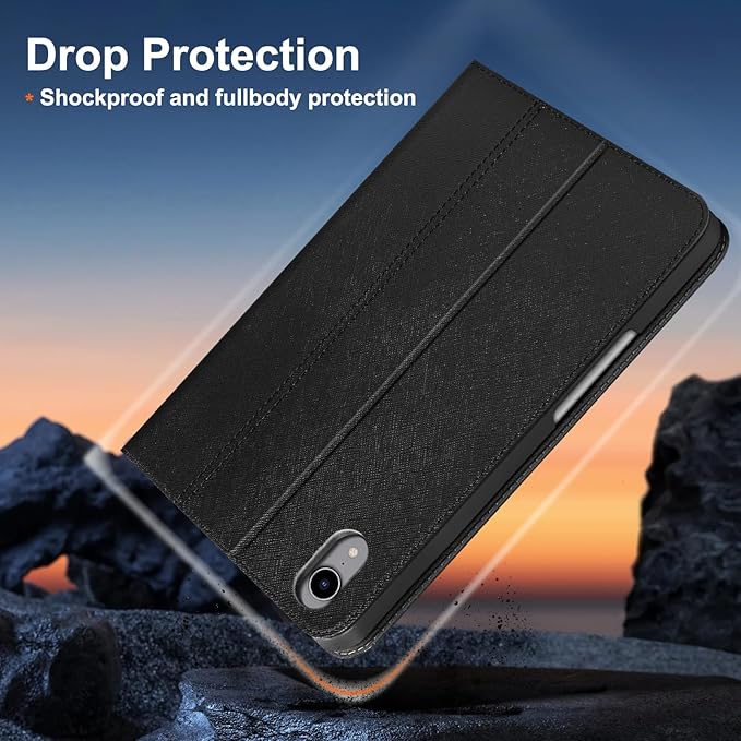 Gexmil Leather Case for iPad mini 7 (A17 Pro) 2024 / iPad mini 6 Generation 2021 8.3 Inch,Premium Cowhide Cover with Pencil Holder,Adjustable Stand, Auto Wake/Sleep,Palm-Print Black