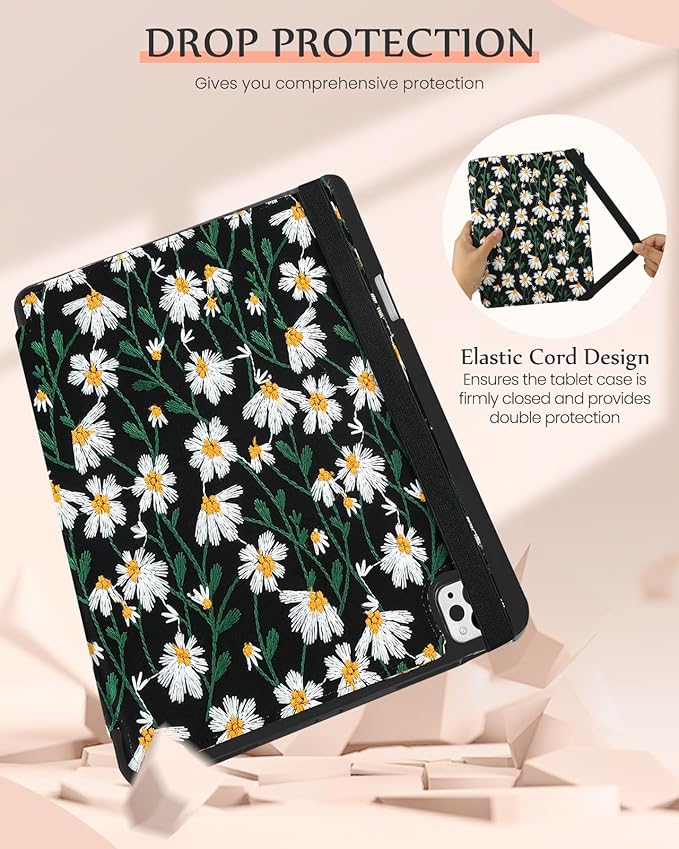 Uppuppy for iPad Air 13 Inch Case M3 2025/M2 2024, for iPad Pro 12.9 Case 6th/5th/4th/3rd Gen - Women Girls Cute Embroidered Folio Stand Cover with Pencil Holder & Card Slot Girly Black Daisy Floral