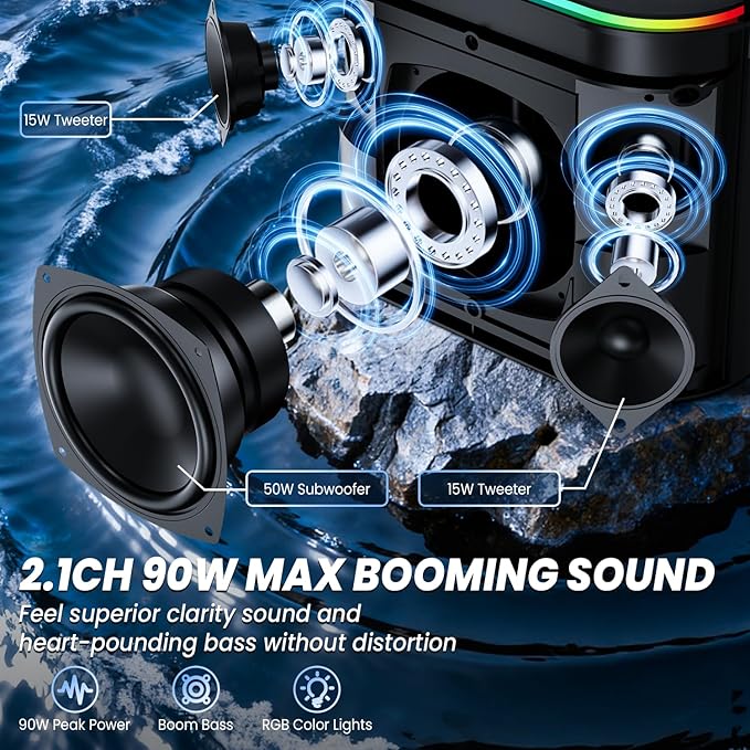 BESTISAN Bluetooth Speakers 2.1CH with 90W Max & 50W Subwoofer, Stereo Loud Sound, 7 RGB Lights, 15H Playtime, Hands-Free Calling, TWS, Portable for Outdoor Party, Camping, Travel, Garage, Workshop
