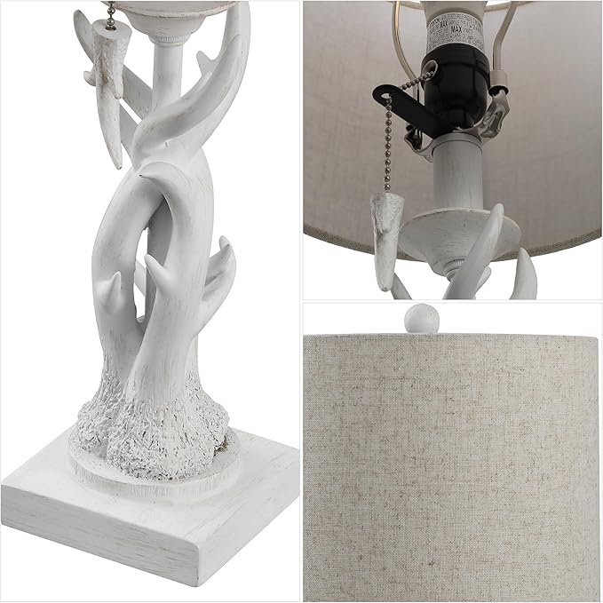JONATHAN Y 20.5" Antique White Rustic Antler Table Lamp for Bedroom Farmhouse Decor, Mini Faux Antler Desk Lamp with Gray Linen Shade, Lodge Cabin Nightstand Lamp, LED Bulb (JYL1031C)