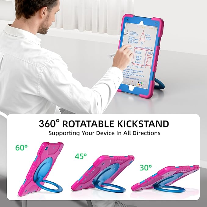 Andnary Case for iPad 9th/8th/7th Generation 10.2 inch, Shockproof Cover with Screen Protector/360° Rotating Handle/Bracket/Pen Holder/Shoulder Strap, Kids Case for iPad 2021/2020/2019 (Pink+Blue)