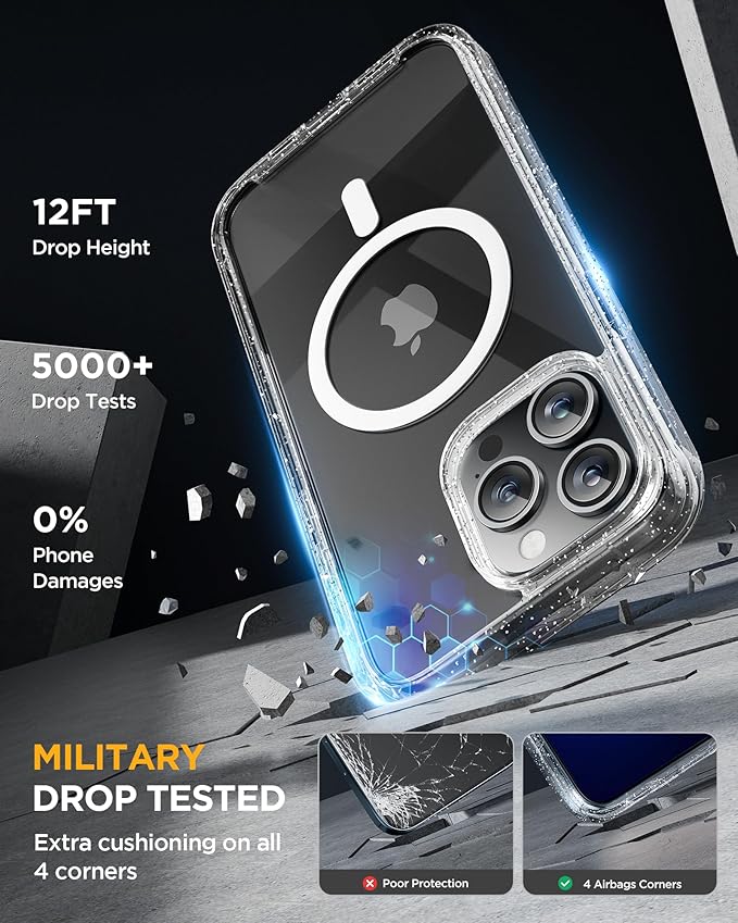 Miracase Magnetic for iPhone 13 Pro Max Case 6.7 inch, (Compatible with MagSafe) Upgrade Full-Body Clear Phone Bumper Case with Built-in 9H Tempered Glass Screen Protector, Magnetic Glitter Clear