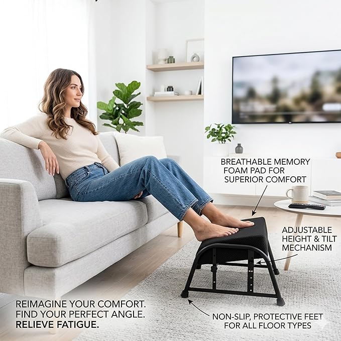Under Desk Footrest with Memory Foam, Adjustable 10-Level Ergonomic Foot Rest for Office & Gaming Desk Accessories for Leg Rest, Reinforced Metal Frame, Non-Slip Base Extra Large（Black