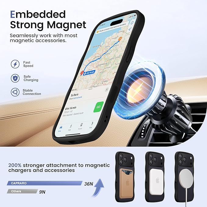 CAPRARO for iPhone 17 Pro Case with 360° Spin Magnetic Stand for Women, [Compatible with MagSafe] [Full Camera Protection] Cute Wave Translucent Matte Case for iPhone 17 Pro, Black