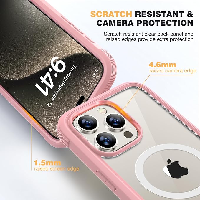 Diaclara Designed for iPhone 15 Pro Max Case, Full Body Rugged with Built-in Touch Sensitive Anti-Scratch Screen Protector, Soft TPU Bumper Case for iPhone 15 ProMax 6.7", Pink