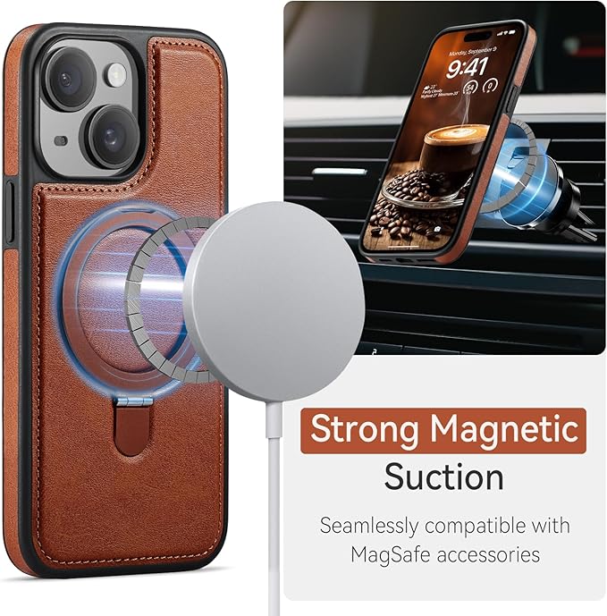 for iPhone 15 Case with Stand Compatible with Magsafe Slim PU Leather & Durable TPU Drop Proof Magnetic Kickstand Protective Phone Cover with Tempered Glass Screen Protector 6.1", Brown