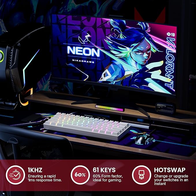 GK61 Mechanical Gaming Keyboard - 61 Keys Multi Color RGB Illuminated LED Backlit Wired Programmable for PC/Mac Gamer (Gateron Optical Red, White)