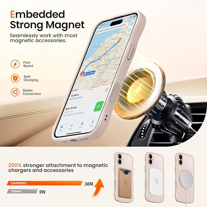 CAPRARO for iPhone 16 Plus Case with 360° Spin Magnetic Stand for Women, [Compatible with MagSafe] [Full Camera Protection] Cute Wave Translucent Matte Case for iPhone 16 Plus, Pink Gold
