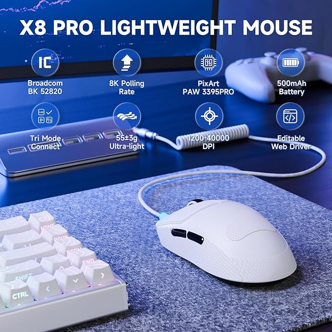 ATTACK SHARK X8 PRO 8K Wireless Gaming Mouse,PAW 3395PRO Sensor,40K DPI,Tri-Mode,55g Ultra-Light,Broadcom 52840 MCU Chip,Programmable Mice with Coiled Cable for PC/MAC/Win-White&Tape