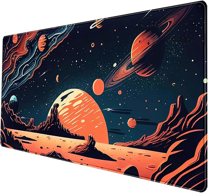 Painted Planets Desk Mat Outer Space Desk Pad, Orange Black Gaming Mouse Pad, Large Keyboard Mouse Mat Work Game, Deskmat with Stitched Edges XXL, Fun Office Decor Desk Accessories 31.5"x15.75"