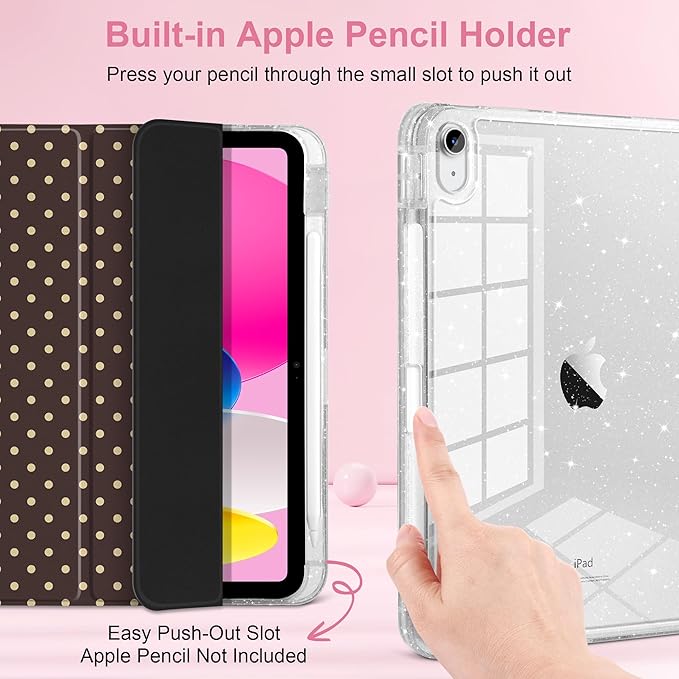 DONGKE for iPad Pro 11 inch Case – Fits M5 2025 / M4 2024, Shockproof Sparkling Glitter Acrylic Back, Pencil Holder, Trifold Stand, Auto Sleep/Wake & Touch ID Support - Brown Polka Dot