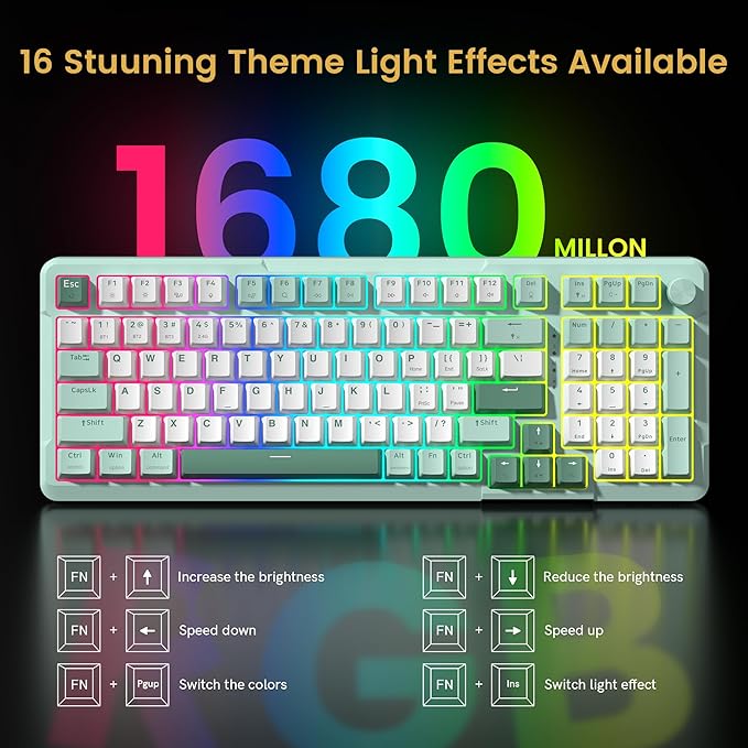 Redragon K742 Wireless Mechanical Gaming Keyboard with Knob, Bluetooth 5.0/2.4GHz/USB C Wired Creamy Keyboard with Number Pad for PC Computer, RGB Backlits, Hot-Swappable with Linear Switches (Green)