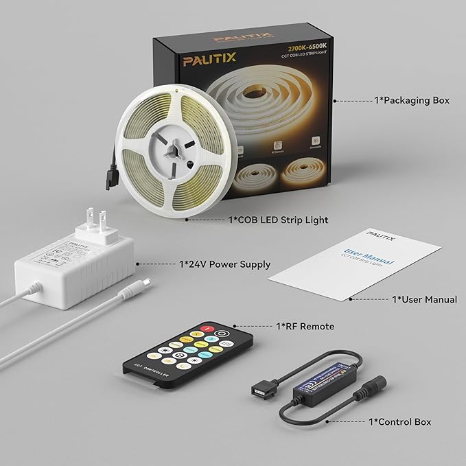 PAUTIX COB LED Strip Light White CCT Tunable 1920LEDs Super Bright,9.84ft Dimmable 2700K-6500K 24V LED Tape Light with UL-Listed Power Supply,for Under Cabinet Bedroom Kitchen TV Mirror DIY Lighting