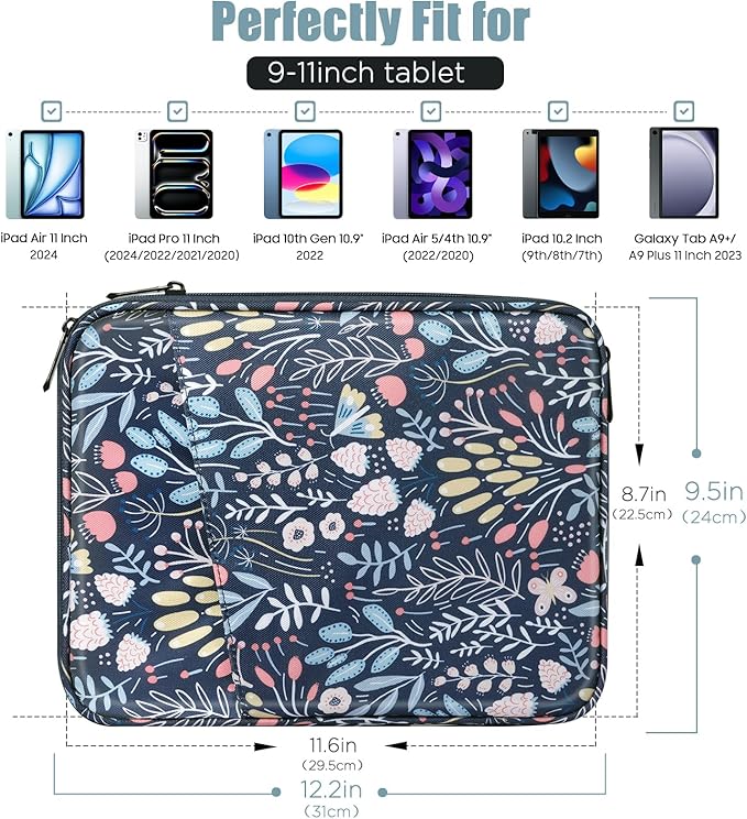 TiMOVO 9-11" Tablet Sleeve Bag for iPad 11-inch A16 2025, iPad 10.9"/10.2"| Air 11 Inch/5th/4th Gen. 10.9", Galaxy Tab A9+/A11Plus 11", Protective Bag with Pocket, Colorful Flower