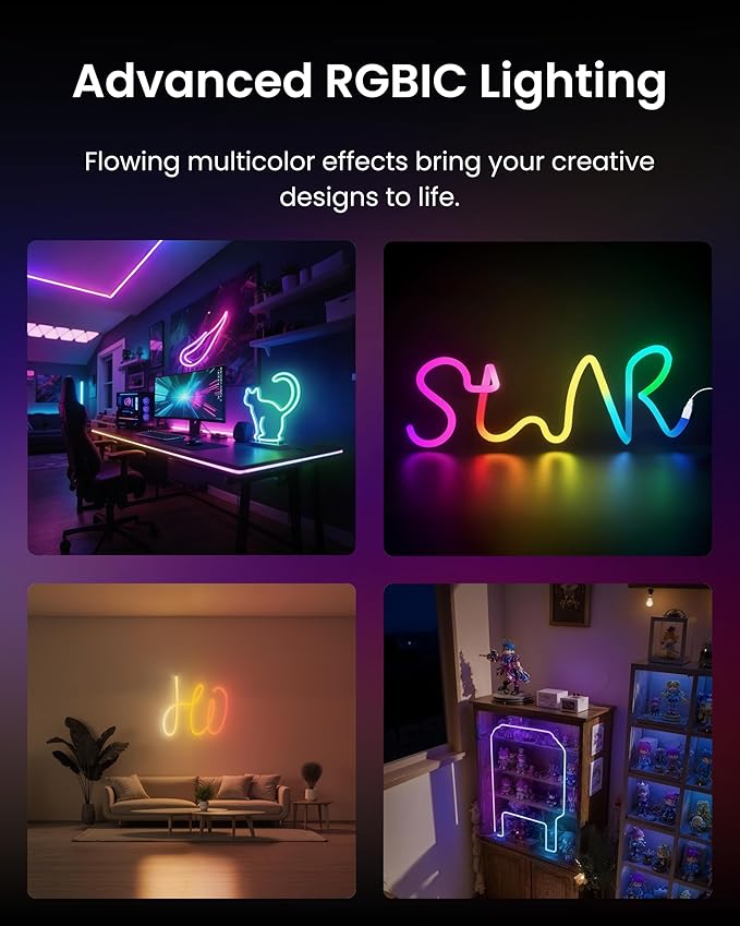 SwitchBot RGBIC Neon Rope Lights, Voice Control Wire Rope Light, DIY Flexible Steel-Core Lights for Wall & Bedroom, Works with Apple Home/Siri, Alexa & Google, Music Sync, 16M Colors — Christmas décor