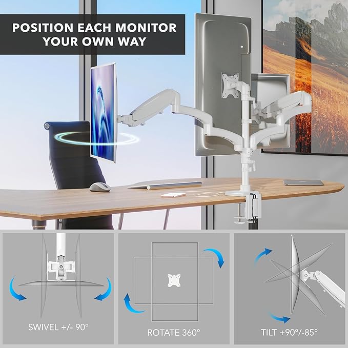 Mount-It! Triple Monitor Mount, 3 Monitor Desk Mount, Gas Spring Arms, Fits 13–27" Screens, VESA 75 & 100, Clamp or Grommet, USB-A & USB-C, White