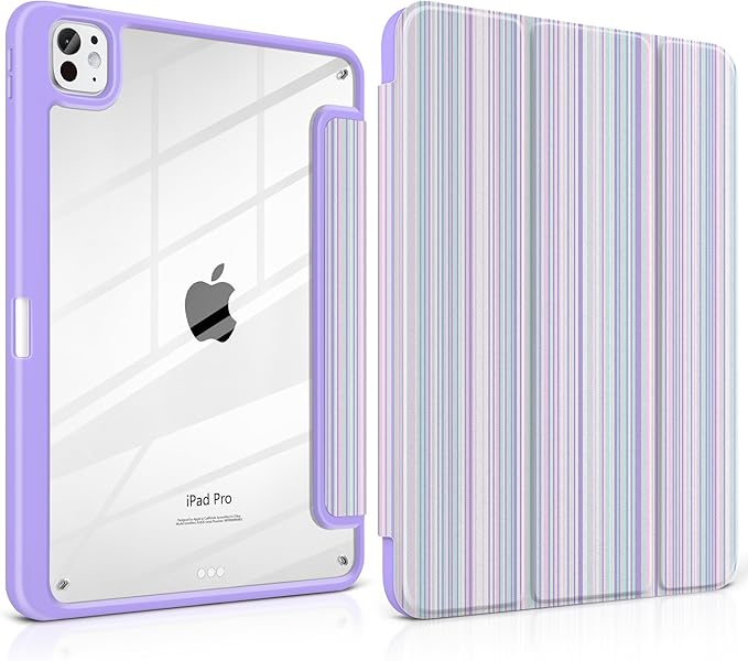TWOLSKOO Case for iPad Pro 11-inch (M5 2025 / M4 2024), Clear Acrylic Back with TPU Bumper, Pencil Holder, Trifold Stand, Auto Sleep/Wake, Purple Stripes