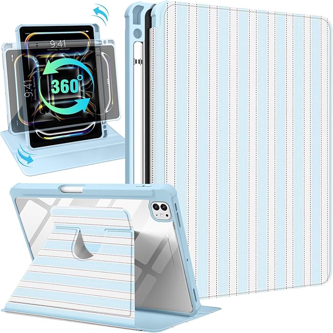 Uppuppy for iPad Pro M4/M5 Case 11 inch - 360 Degree Rotating Stand Folio Smart Cover with Pencil Holder for Women Girls, Blue and White Stripes for iPad Pro 11 inch Case 2024 M4/2025 M5