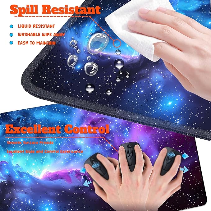 4-Piece Extended Large Mouse Pad Set for Women Men with Galaxy Design Includes 35.4 x 15.7 XXL Large Mouse Pad Keyboard Wrist Rest Mouse Wrist Support and Coaster for Office Home