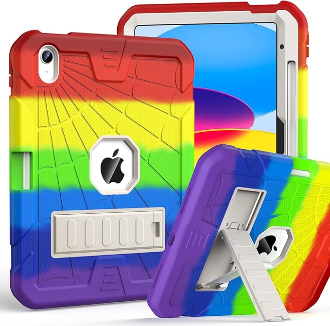 SIBEITU Case for iPad (A16) 11th Gen 11-inch 2025 & iPad 10th Gen 10.9 Inch 2022, Rugged Military Grade Protective Cover Built-in Kickstand & Pencil Holder | Vibrant Rainbow for Young Artists & Kids