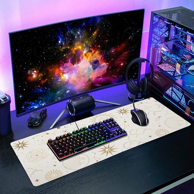 Boho Chic Sun Moon Large Mouse Pad XL Magic Mystical Galaxy Stars Clouds Extended Large Desk Mat Big White Desk Pad 80X30 CM Non-Slip Rubber Base Stitched Edge Long Mousepad,31.5×11.8 Inch