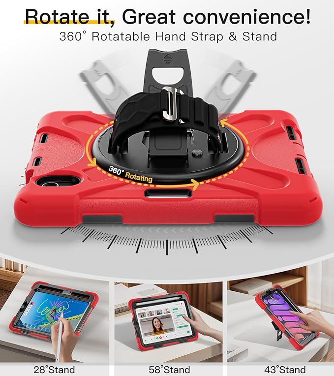 BRAECN for iPad mini 7(A17 Pro)/ 6 case 2024/2021 8.3 inch Heavy Duty Shockproof Protective with Pencil Holder Screen Protector 360°Rotating Stand Handle Full Body Cover Shoulder Strap Kids Friendly