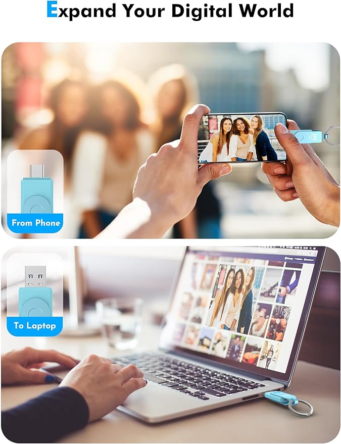 MOSDART 128GB USB C 3.2 Fast Speed C and A Dual Flash Drive, exFAT Memory Stick with Keychain and LED Indicator, for iPhone 15,16,17, Android Phone, iPad, MacBook, and Other Laptops, Sky Blue