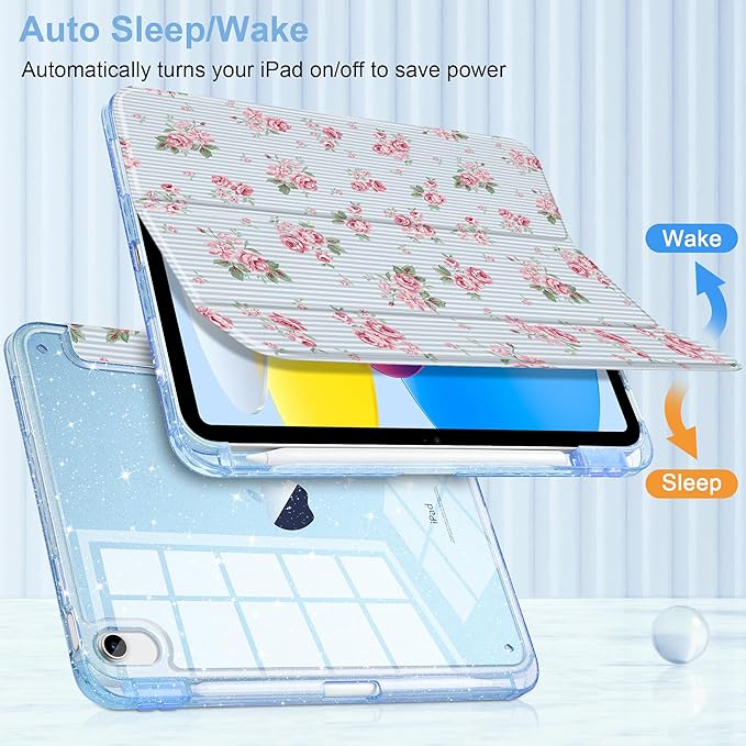 DONGKE for iPad Pro 11 inch Case – Fits M5 2025 / M4 2024, Shockproof Sparkling Glitter Acrylic Back, Pencil Holder, Trifold Stand, Auto Sleep/Wake & Touch ID Support - Tiny Roses