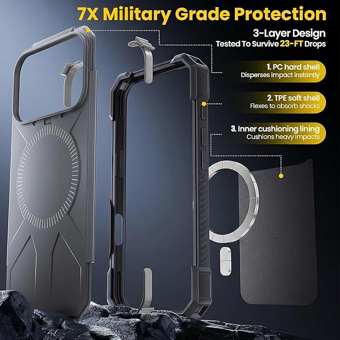 3 in 1 for iPhone 17 Pro Max Case, [1 Screen Protector & 1 Camera Lens Protector], 7X Military-Grade Drop Protection, Fits MagSafe, Tough, Rugged & Durable Heavy Duty, Black
